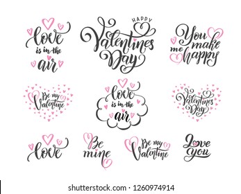 Vector romantic set of black hand lettering love phrases quotes to valentines day, love concept, wedding design template, poster, greeting card, banner calligraphy illustration collection, pink hearts