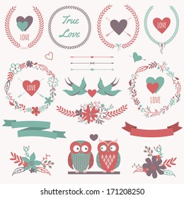 Vector romantic set with bouquets, birds, hearts, arrows, ribbons, wreaths, flowers, bows, laurel and owls in love. Can be used for Valentine's Day or wedding