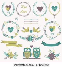 Vector romantic set with bouquets, birds, hearts, arrows, ribbons, wreaths, flowers, bows, laurel and owls in love. Can be used for Valentine's Day or wedding