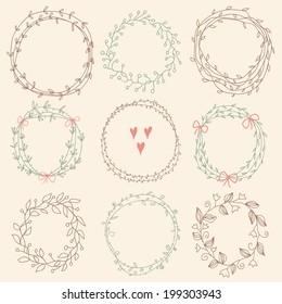 Vector romantic set of circle floral borders. Sketch frames, hand-drawn in vintage style. Vector illustration.