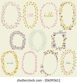 Vector romantic set of circle floral borders. Sketch frames, hand-drawn in vintage style. Vector illustration.