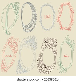 Vector romantic set of circle floral borders. Sketch frames, hand-drawn in vintage style. Vector illustration.