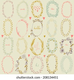 Vector romantic set of circle floral borders. Sketch frames, hand-drawn in vintage style. Vector illustration.