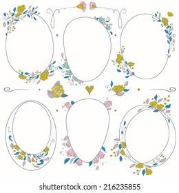 Vector romantic set of circle floral borders. Sketch frames, hand-drawn in vintage style. Vector illustration.