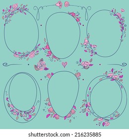 Vector romantic set of circle floral borders. Sketch frames, hand-drawn in vintage style. Vector illustration. Can be use as decoration.