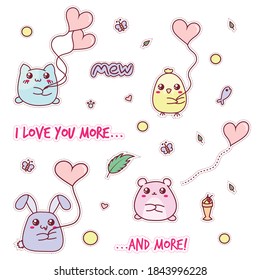 Vektor romantische Set von süßen kawaii Tieren. Sticker mit Katze, Hase, Huhn, Hamster, Herzen. Süße Pastellfarbe.