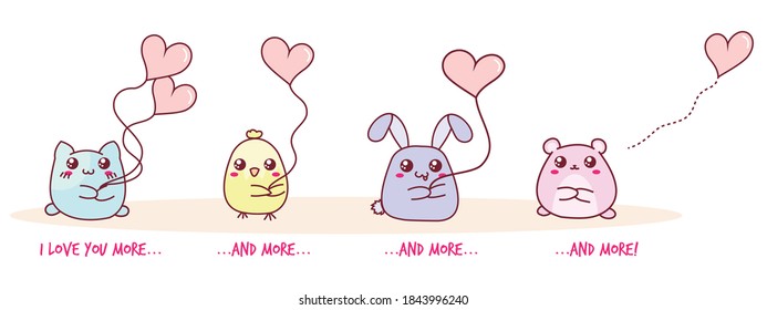 Vector romantic set of cute kawaii animals. Stickers with cat, bunny, chicken, hamster, hearts. Sweet pastel color.