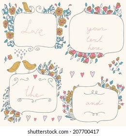Vector romantic set of floral frames, with couple of birds and hearts in pastel colors. Sketch frames, hand-drawn in vintage style. Vector illustration.