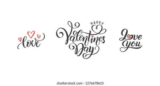 vector romantic set of hand lettering love phrases text quotes to valentines day, love concept, wedding design template, poster, greeting card, banner calligraphy illustration collection, red hearts