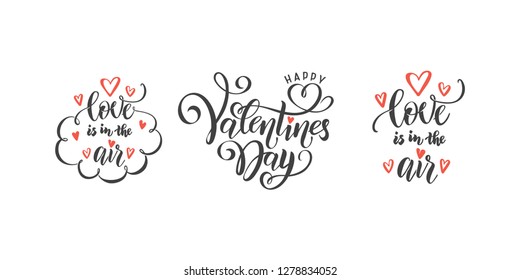 vector romantic set of hand lettering love phrases text quotes to valentines day, love concept, wedding design template, poster, greeting card, banner calligraphy illustration collection, red hearts