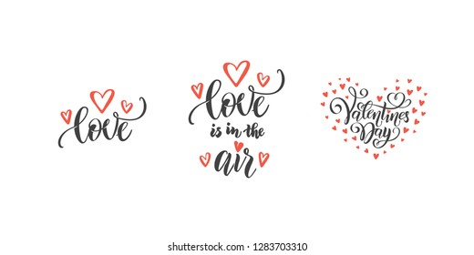 vector romantic set of hand lettering love phrases text quotes to valentines day, love concept, wedding design template, poster, greeting card, banner calligraphy illustration collection, red hearts