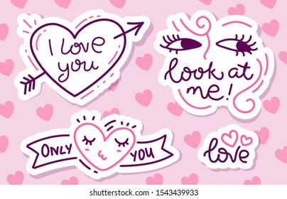 Vector romantic set of illustration with heart and word love on pink color background. Line art style design for web, site, banner, greeting card, sticker