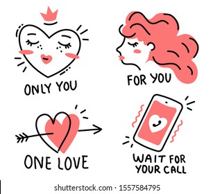 Vector romantic set of illustration with heart, woman, phone and text on white color background. Line art style design for web, site, banner, valentine greeting card, sticker