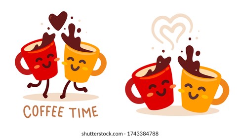 Conjunto vectorial romántico de la ilustración del personaje amarillo y rojo feliz taza de café con corazón sobre fondo blanco. El concepto de tiempo del café. Dibujo manual de dibujos animados diseño de estilo plano para afiches, tarjetas, cafés