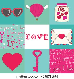 Vector romantic set with seamless patterns.