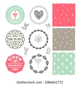 Vector romantic set. Wedding badges, logos, seamless hand drawn patterns, wreaths, florals. 