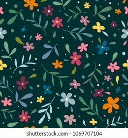 Vector romantic simple minimalistic seamless flowers pattern. Floral background with hand drawn flowers and leaves. Spring colors pattern for wedding, invitations, paper design.