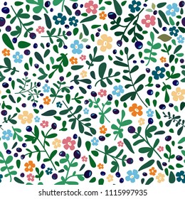 Vector romantic simple minimalistic seamless flowers and berries pattern. Floral background with hand drawn flowers, leaves and blueberry. Summer colors pattern for wedding, invitations, paper design.