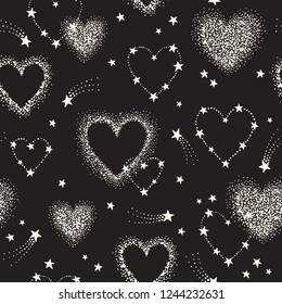 Vector romantic space seamless pattern with heart shape constellations, comets and stars. Night sky love background 