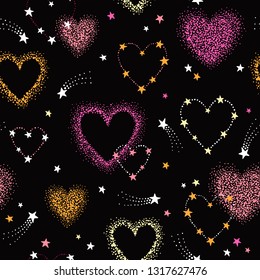 Vector romantic space seamless pattern with pink, coral, yellow heart shape constellations, comets and stars. Night sky love colorful background