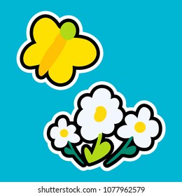 Vector Romantic Spring Patch in doodle cartoon style. Buttefly with flowers. Girl fashion patchworks design. Nice cartoon sticker. Fun badge.