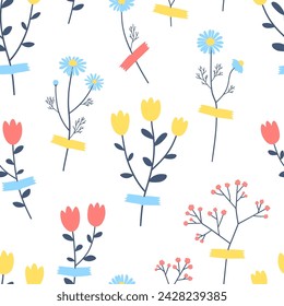 Vector romantic spring seamless pattern with branches and flowers glued with tape