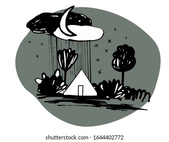 vector romantic summer camping hand drawn illustration. night sky, stars, raining clouds, tent and the moon. landscape camp background. tourism, trekking, adventure, hiking design concept. 