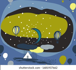 Vektorillustration romantische Sommerzelte handgezeichnet nahtlose Muster. Nachthimmel-Illustration. Landschaftscampinghintergrund. Tourismus, Trekking, Abenteuer, Wanderdesign Konzept. 