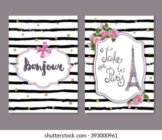 Vector romantic  template with pink roses, Eiffel tower. Save the date, bridal shower, birthday, invitation card. Hello sign.