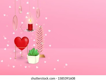 Vector romantic template with realistic red heart, golden decor elements and copy space. Happy Valentines day, birthday, wedding, invitation, coupon, sale, offer card. Beautiful minimal love concept. 