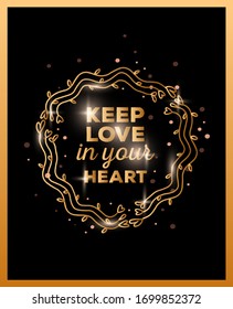 Vector romantic template with round floral wreath on black background with sparkle. Flat line art style design of golden color illustration of lovely wavy frame for poster, card, wedding invitation