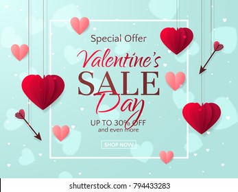 Vector romantic template of sale flyers and banners for Valentine’s Day. Festive background with red paper hearts and arrows for discount and special offers. With place for text.