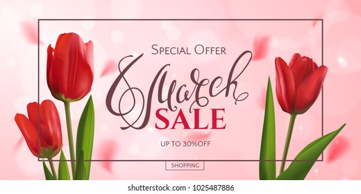 Vector romantic template of sale horizontal banner for Women’s Day with red realistic tulips and a frame. Holiday pink background with flower petals and text 8 March for discount and special offers.