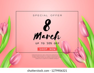 Vector romantic template of sale horizontal banner for Women’s Day with realistic tulips . Holiday pink background with flower and text 8 March for discount and special offers.