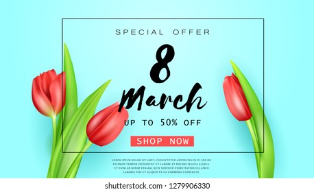 Vector romantic template of sale horizontal banner for Women’s Day with realistic red tulips . Holiday light blue background with flower and text 8 March for discount and special offers.