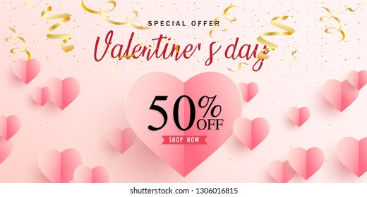 Vector romantic template of sale horizontal banner for Valentine’s Day with  pink realistic paper hearts, ribbon. Holiday background for discount and special offers.