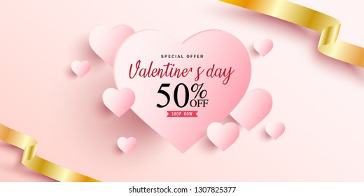 Vector romantic template of sale horizontal banner for Valentine’s Day with  pink realistic paper hearts, ribbon. Holiday background for discount and special offers.
