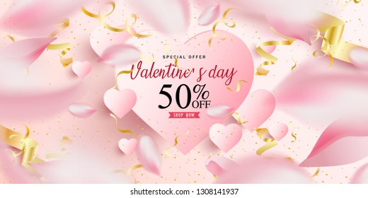 Vector romantic template of sale horizontal banner for Valentine’s Day with  pink realistic paper hearts, ribbon, rose petals. Holiday background for discount and special offers.