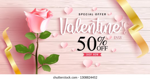 Vector romantic template of sale horizontal banner for Valentine’s Day with  pink rose, ribbon on Wooden floor. Holiday background for discount and special offers. Vector illustration.