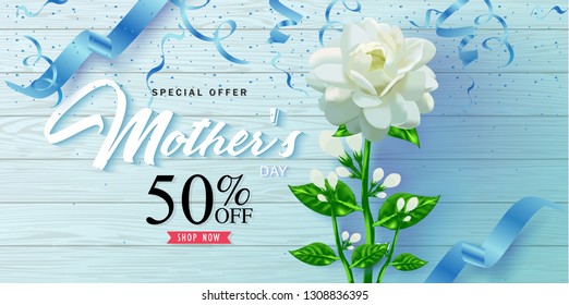 Vector romantic template of sale horizontal banner for Mother’s Day with jasmine flower, ribbon on wooden floor. Holiday background for discount and special offers. Vector illustration.