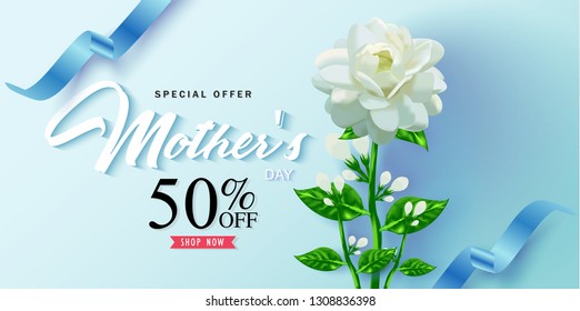 Vector romantic template of sale horizontal banner for Mother’s Day with jasmine flower, ribbon on blue background. Holiday background for discount and special offers. Vector illustration.