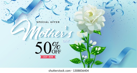 Vector romantic template of sale horizontal banner for Mother’s Day with jasmine flower, ribbon on blue background. Holiday background for discount and special offers. Vector illustration.