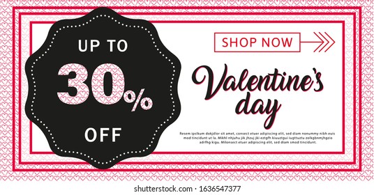 Vector romantic template of sale horizontal banner for Valentine’s Day with red and white hearts. 30% background for discount and special offers. Valentines Heart sale tags. Shop market poster design.