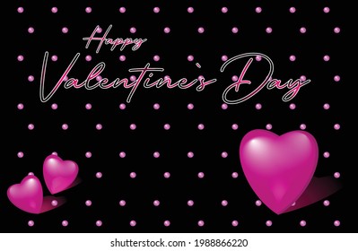 Vector romantic template of sale horizontal banner for Valentine’s Day with black and pink realistic hearts, pink polka dots background for gretting card, discount and special offers.