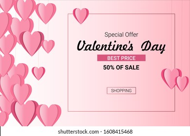 Vector romantic template for sales horizontal banner for Valentine's Day with red and pink realistic paper hearts and frame. Festive background for discounts and special offers, space for text.