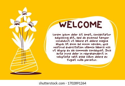 Vector romantic template with text space and illustration with beautiful white lily flower in a vase on yellow color background. Flat line art style flower design for web, site, card, poster, banner