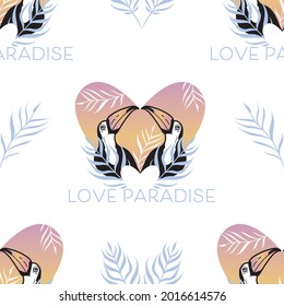 Vector Romantic Toucans with Warm Sunset Heart seamless pattern background. Perfect for fabric, wallpaper and scrapbooking projects.