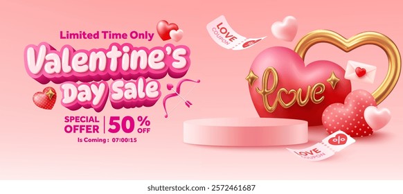 Vector of Romantic Valentine's Day Banner Template with Cute Heart,Love Coupons,Golden Heart,Pink Background and Special Offer Text for Romantic Valentine's Day Promotion and Holiday Shopping Event