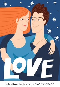 Vector romantic valentines day card  with lovers man and woman in love on night background. Minimal flat style in color. 