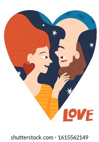 Vector romantic valentines day card  with lovers man and woman in love dreaming and flying in the night sky between the stars. Minimal flat style in color. 